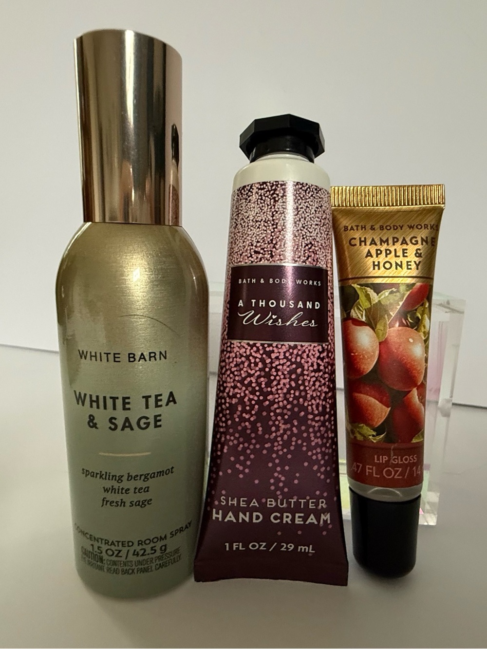 Bath & Body Works Tea & Sage RoomSpray,Thousand Wishes Hand Cream&Lip Balm